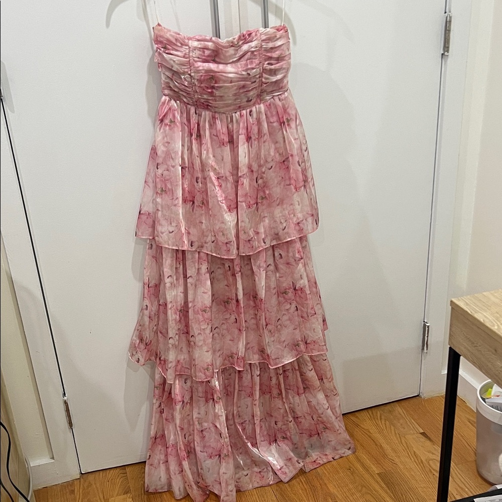 Strapless Pink Floral Maxi Dress